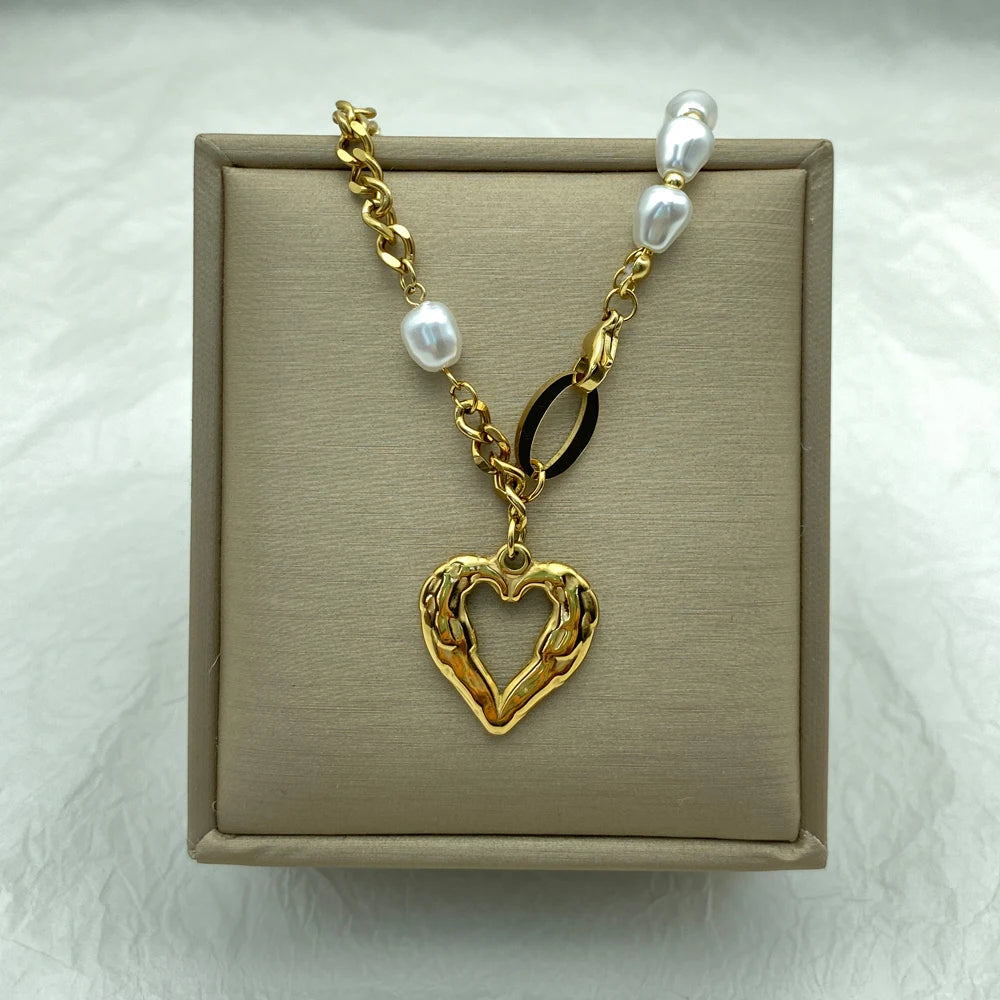 Cuba Spliced Chain Stainless Steel Necklacet simulated Pearl Necklace