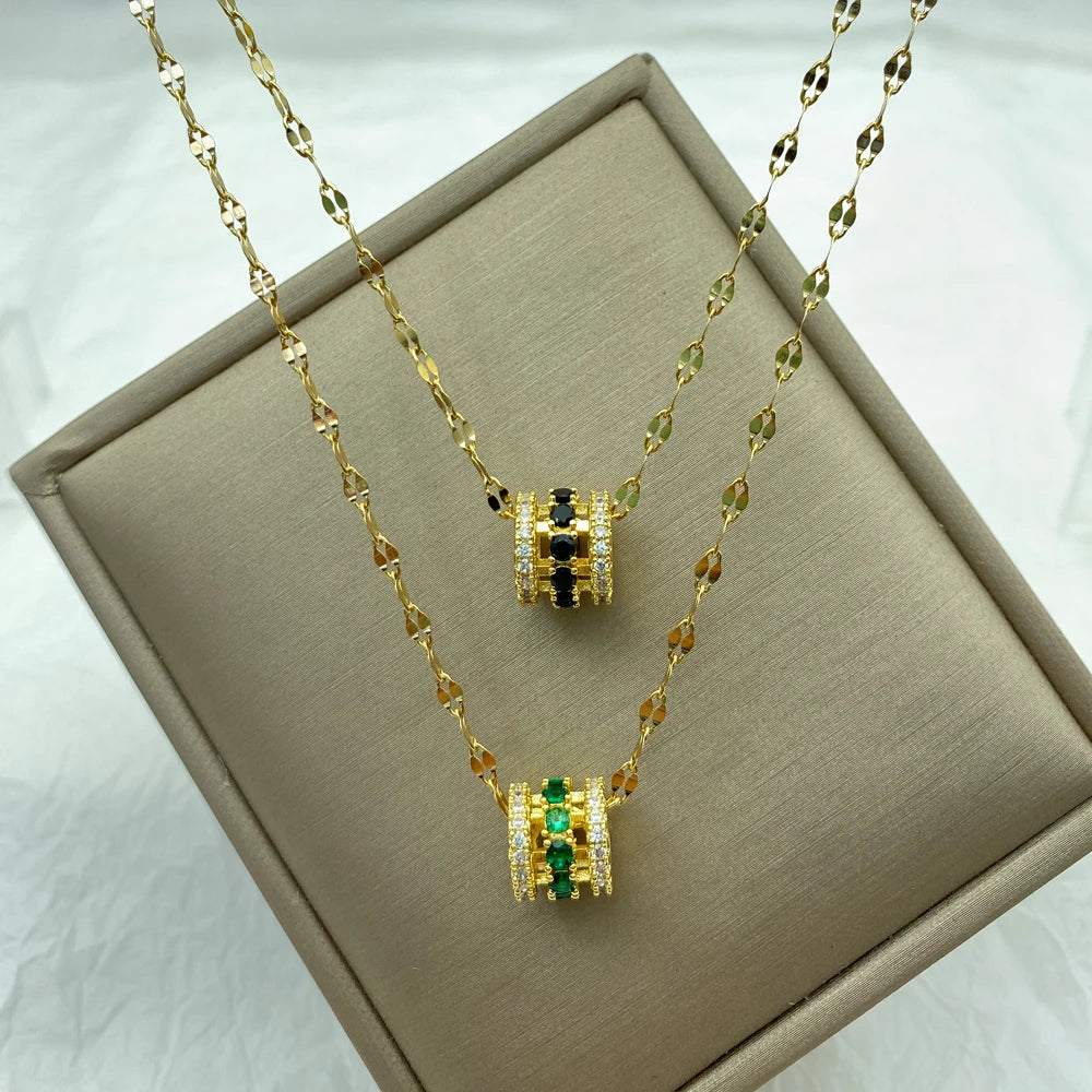 Emerald Green CZ Barrel Pendant Necklace | 18K Gold Plated Stainless Steel