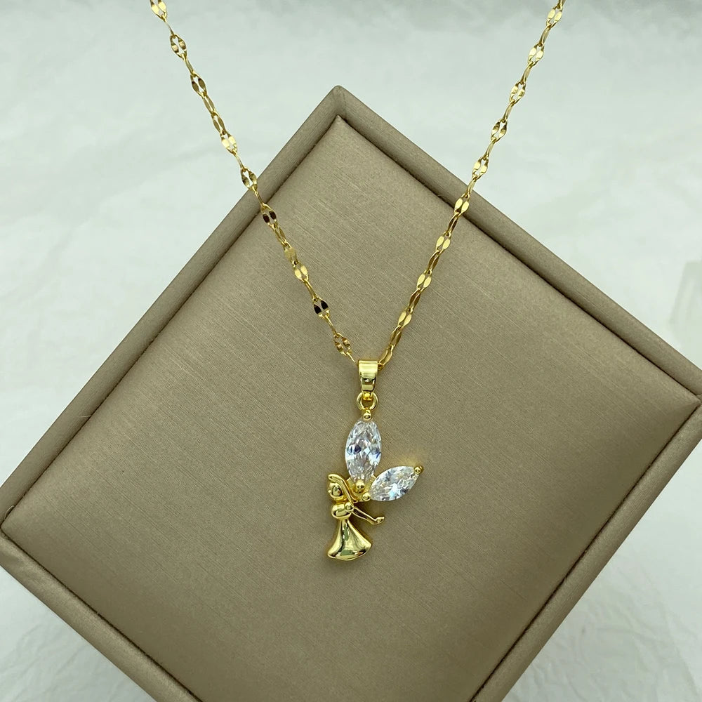 Angel Girl CZ Pendant Necklace 18K Gold Plated Stainless Steel Chain