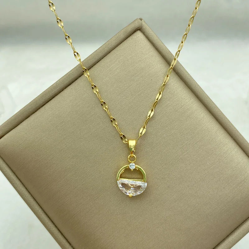 Half Moon CZ Pendant Necklace | 18K Gold Plated Stainless Steel