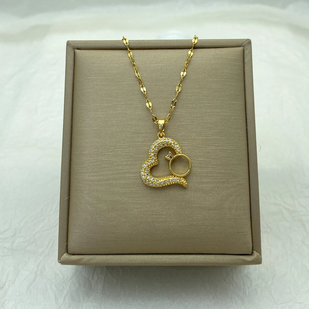 Ring  Heart Pendant  Stainless Steel Necklace Accessory For Women  Fashion Jewerly Necklace New In Gifts For Girlfriend