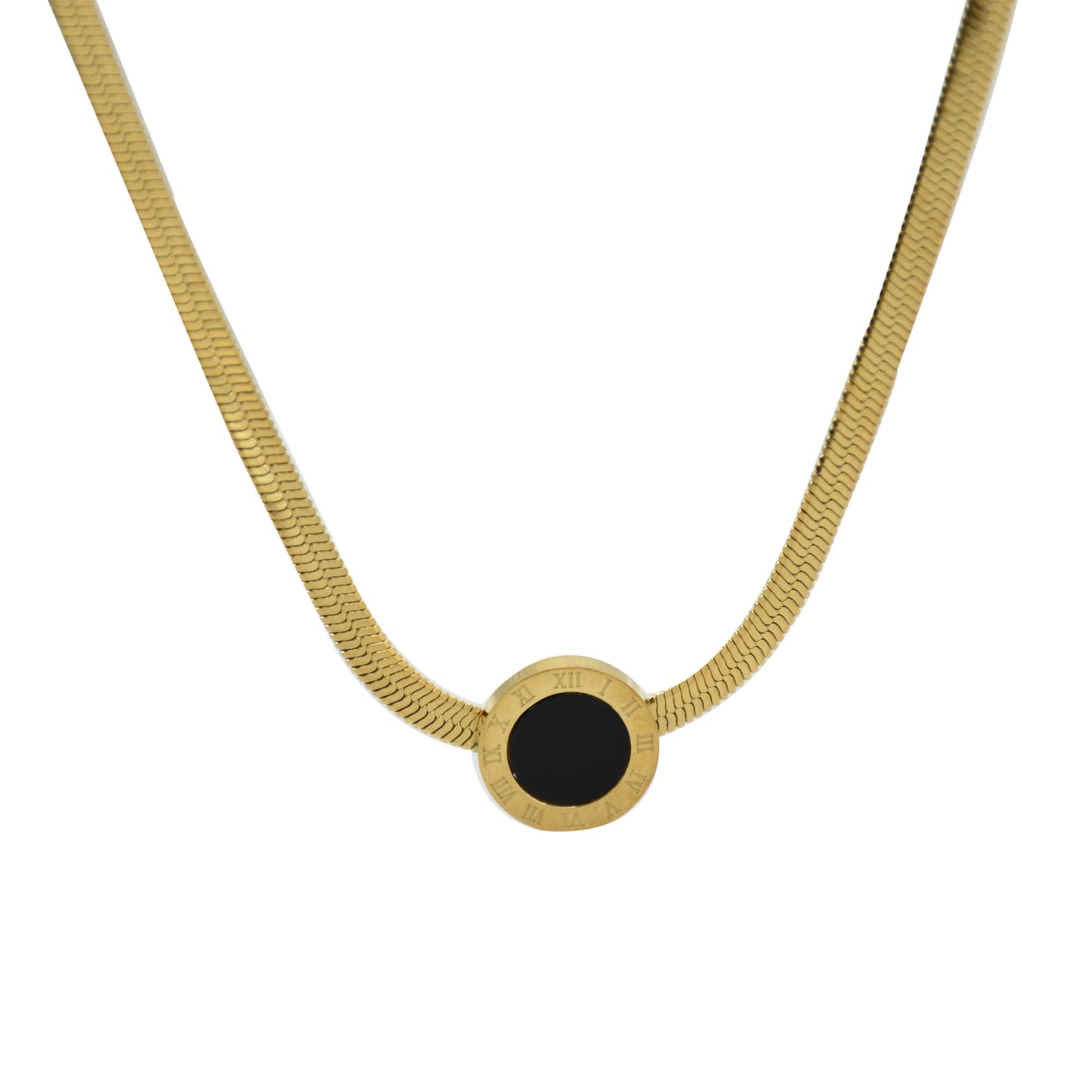 18K Gold Plated Black Onyx Round Pendant Herringbone Chain Necklace | Stainless Steel