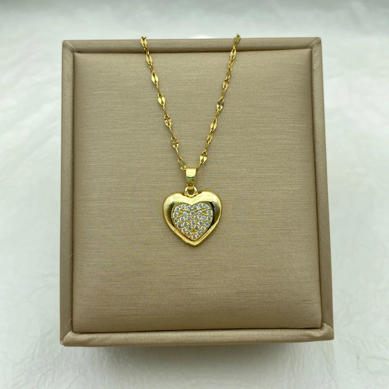 Gold Puffy Heart CZ Pendant Necklace | 18K Gold Plated Stainless Steel Chain