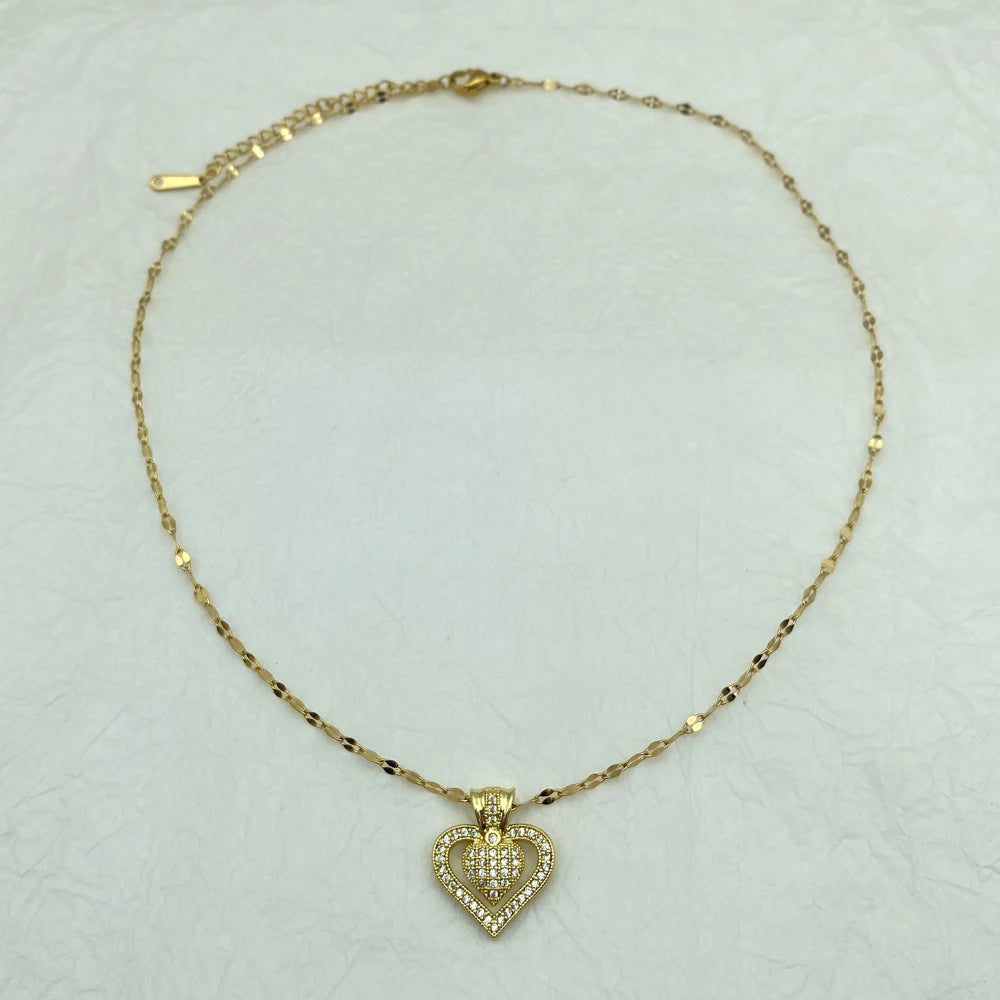 18K Gold Plated Double Heart CZ Pendant Necklace Stainless Steel Chains