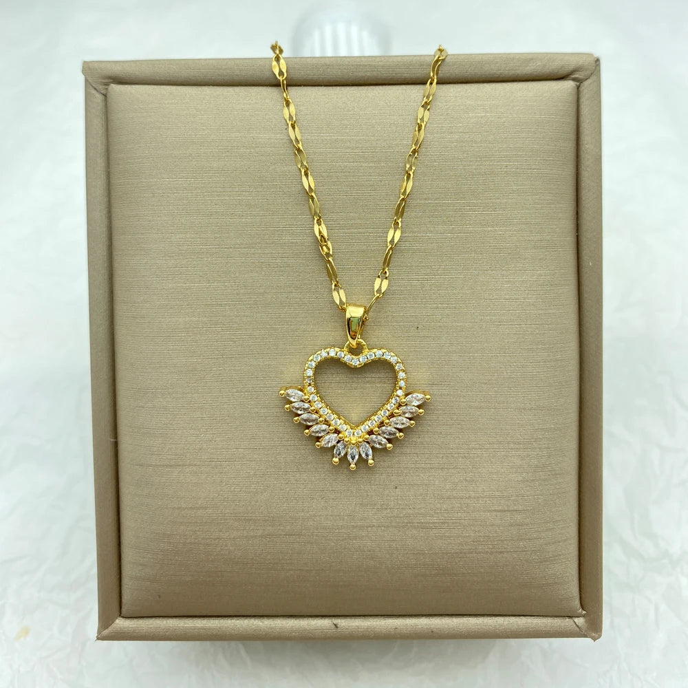 18K Gold Plated Open Heart Marquise CZ Pendant Necklace | Stainless Steel Chain