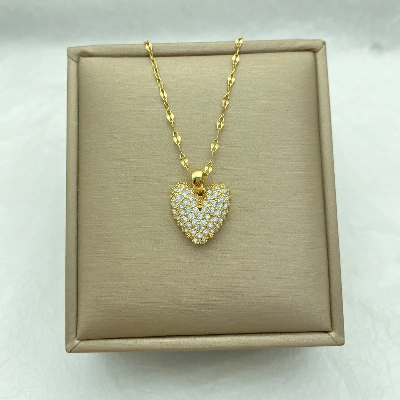 Big Heart Zircon Pendant Stainless Steel Gold Plated Necklace For Women