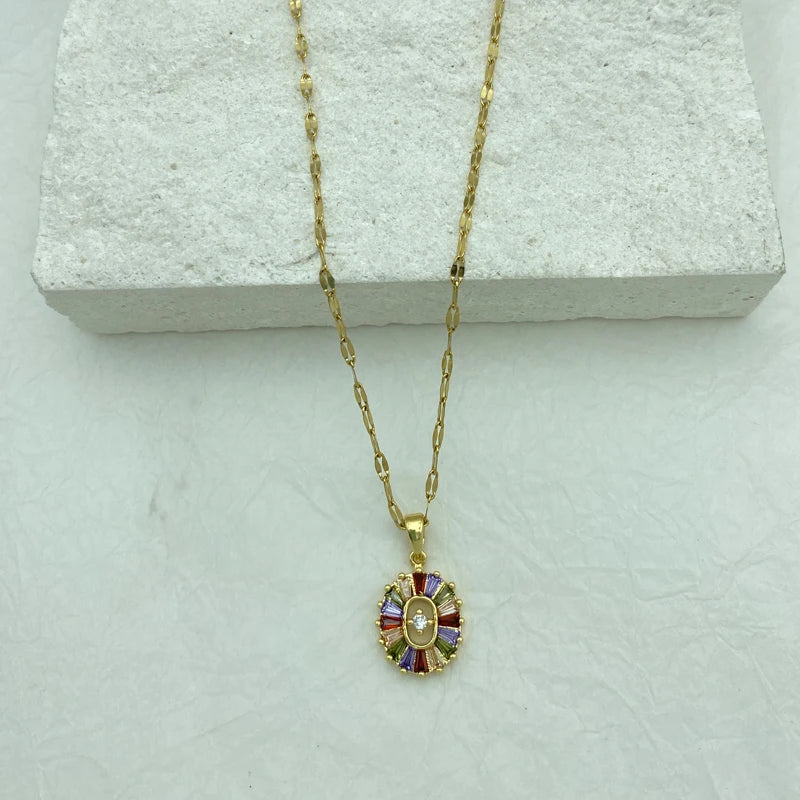 Gold Colorful Baguette CZ Sunburst Oval Pendant Necklace |  Stainless Steel Chain