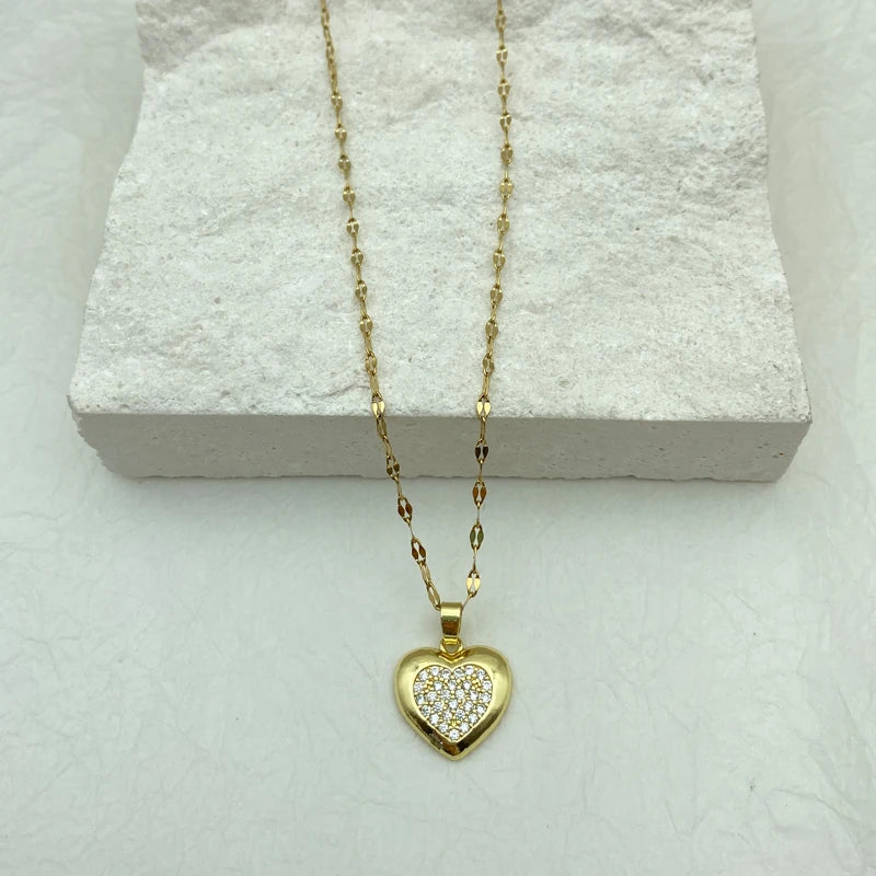 Gold Puffy Heart CZ Pendant Necklace | 18K Gold Plated Stainless Steel Chain
