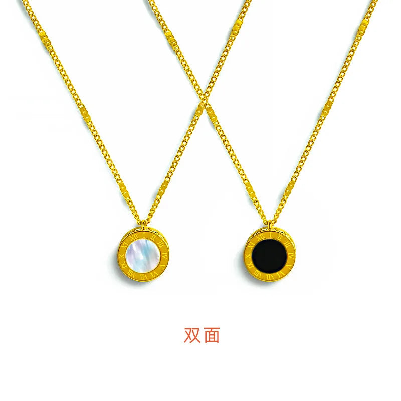 Gold Color Stainless Steel Necklace for Women Round Shell Acrylic Black White Pendant Two Sides Korean Fashion Gift for Women