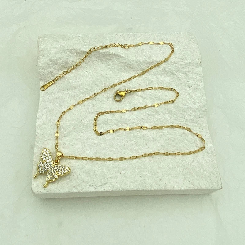 Gold Plated Necklace for Woman Gift With Stainless Steel Chain And Butterfly Zircon Pendant Fashion Jewelry