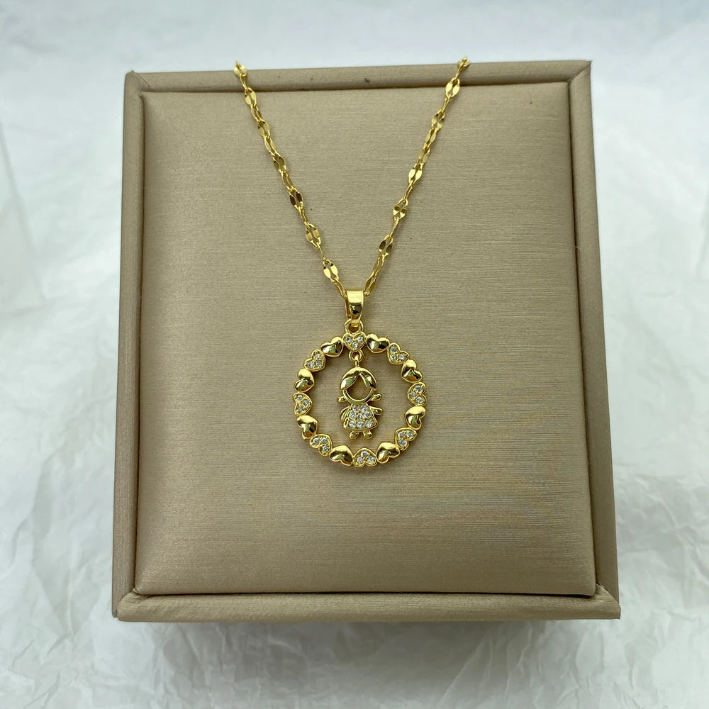 Gold Cute Girl Pendant Necklace |18K Gold Plated Stainless Steel Chains