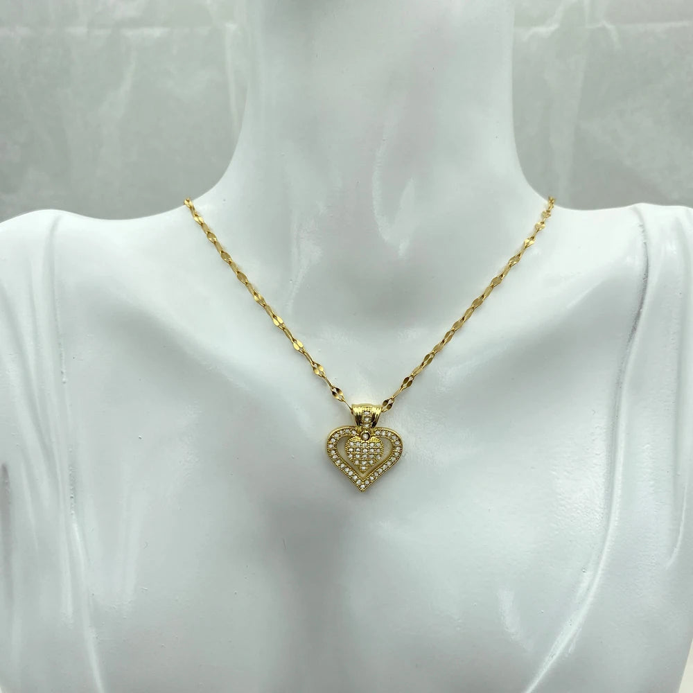 18K Gold Plated Double Heart CZ Pendant Necklace Stainless Steel Chains