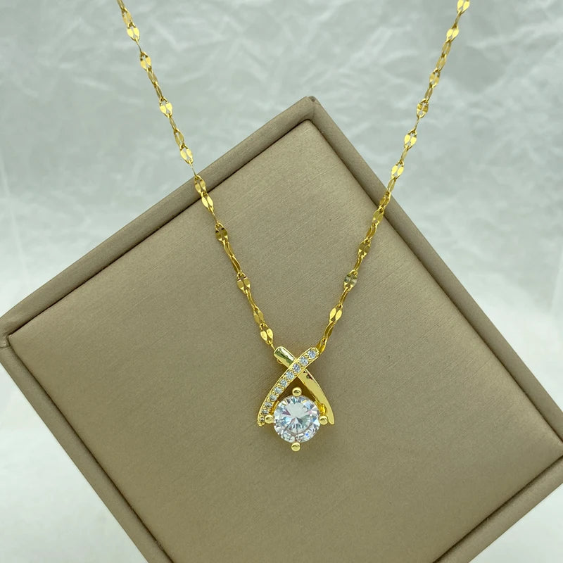 Round CZ Diamond-Cut Pendant Necklace|Stainless Steel Chains
