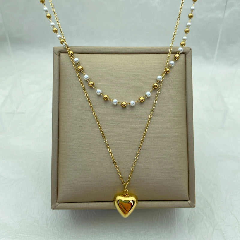 Stainless Steel Layered Pearl Chains Long Necklaces for Women