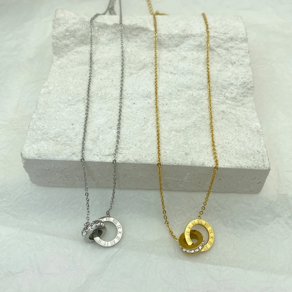 Gold Plated Silver Color Stainless Steel Necklace for Women Ring Pendants with Zircons Luxury Stainless Steel Jewelry for Summer