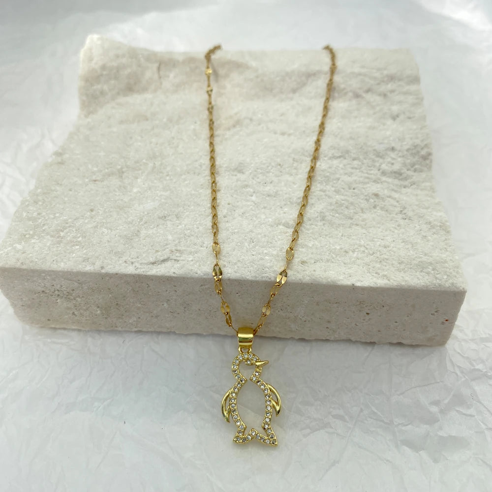 Gold Plated Cute Penguin Pendants With Zircon Stainless Steel Necklace For Women Fashion Jewelry New In Accessories