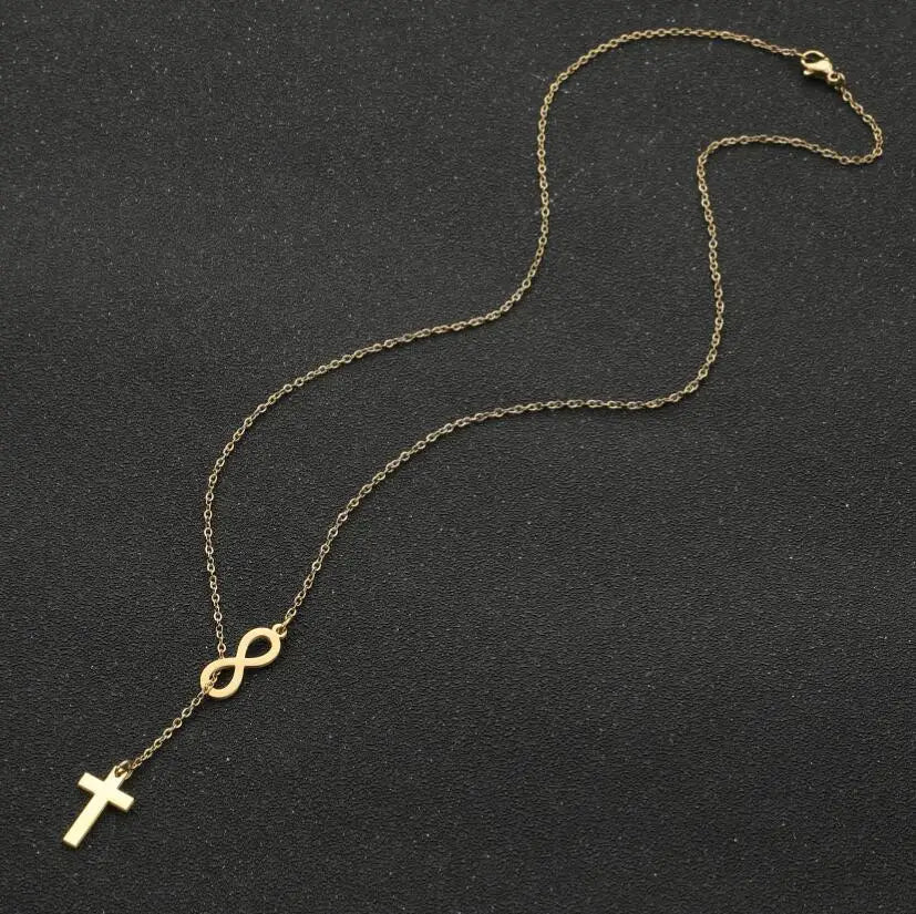 Gold Cross Infinity Y-Chain Pendant Necklace | Stainless Steel Lariat Chain