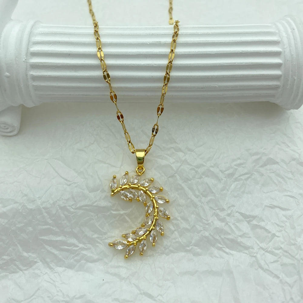 Gold Plated Olive Branch Pendant Stainless Steel Necklace For Women