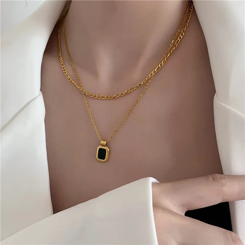 Layered Stainless Steel Square Pendants Necklace for Women