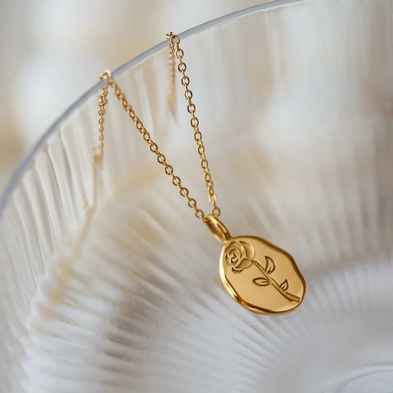 Rose Engraved Oval Pendant Necklace | 18 Gold Plated KStainless Steel