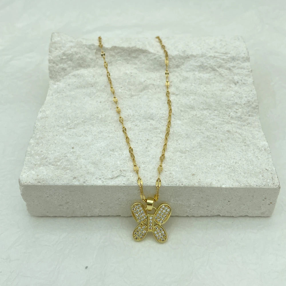 8K Gold Plated Pave CZ Butterfly Pendant Necklace | Stainless Steel Chain