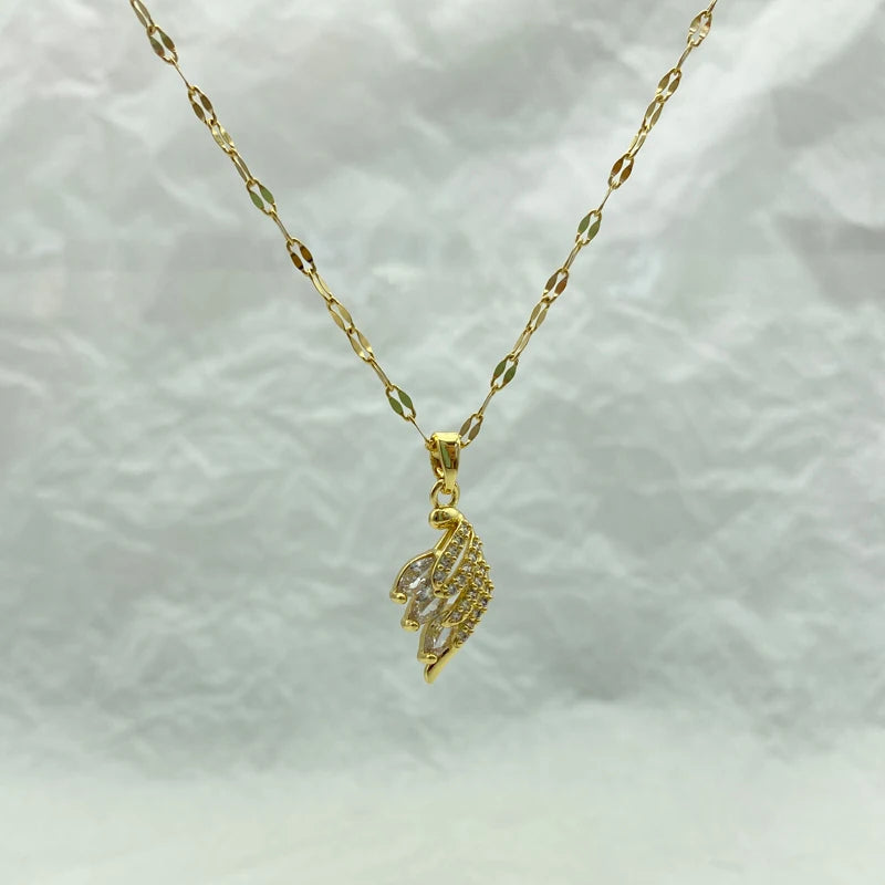 CZ Feather Leaf Pendant Necklace | 18K Gold Plated Stainless Steel