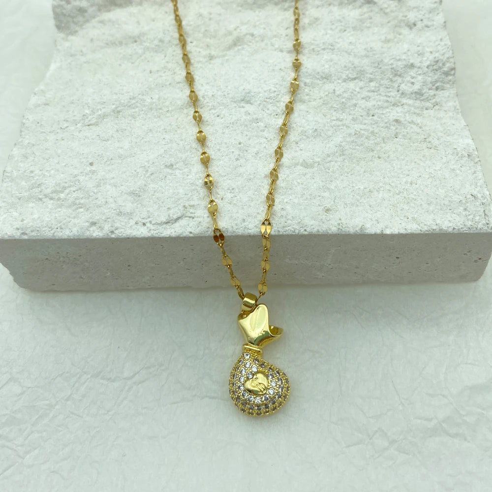 18K Gold Plated Pave CZ Money Bag Pendant Necklace | Stainless Steel Chain