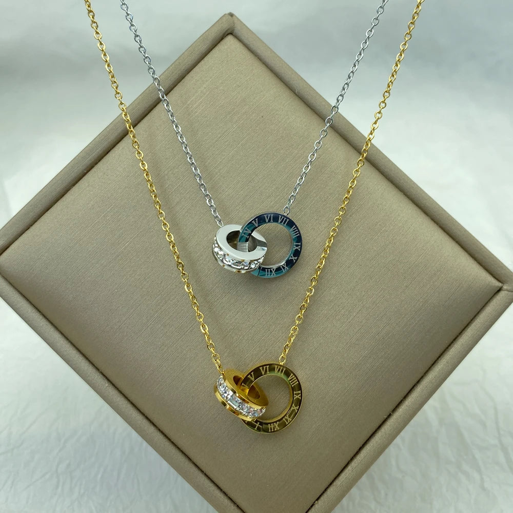 Gold Plated Silver Color Stainless Steel Necklace for Women Ring Pendants with Zircons Luxury Stainless Steel Jewelry for Summer