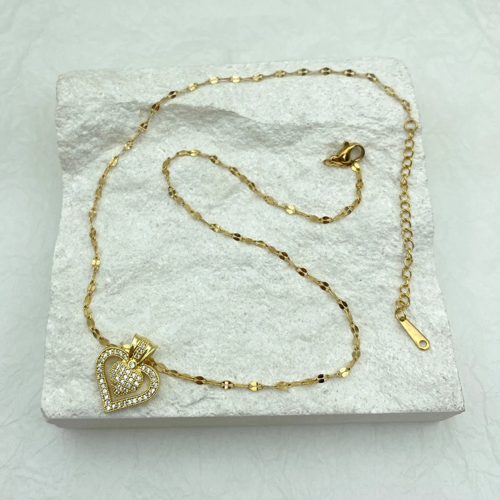 18K Gold Plated Double Heart CZ Pendant Necklace Stainless Steel Chains