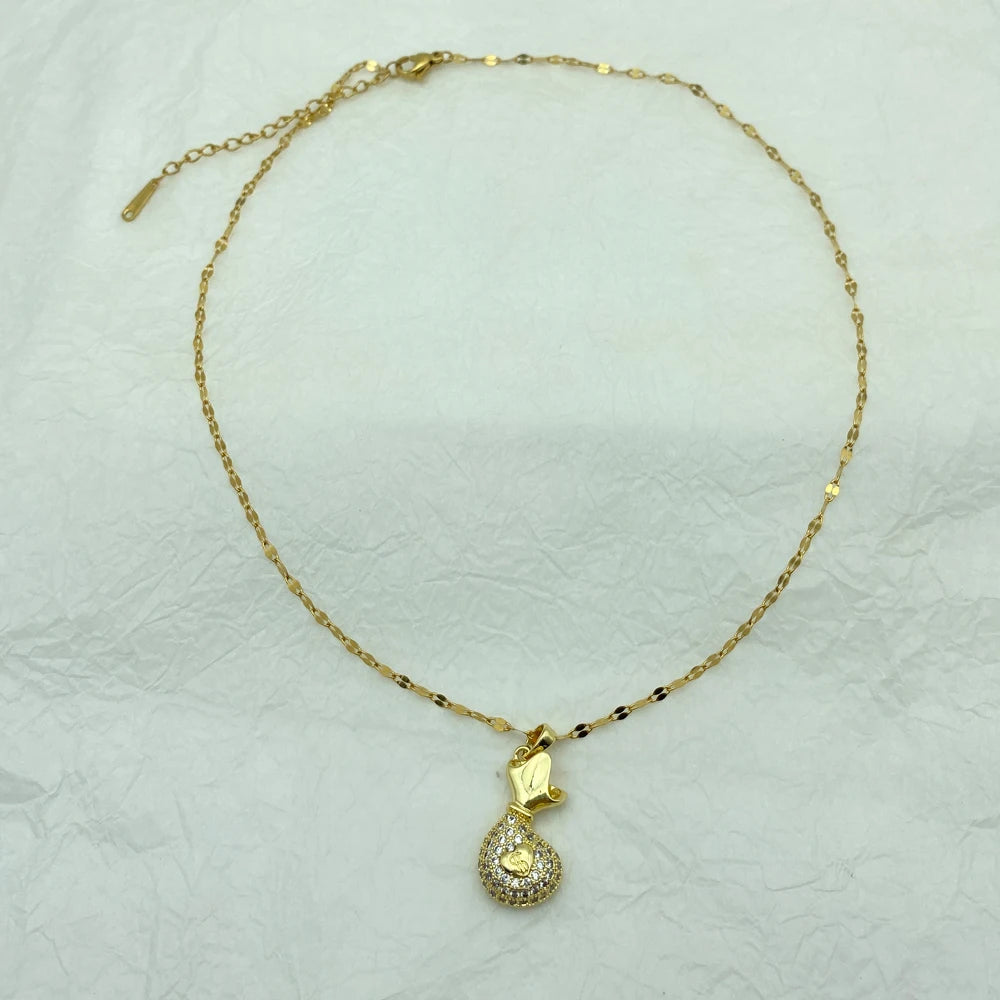 18K Gold Plated Pave CZ Money Bag Pendant Necklace | Stainless Steel Chain