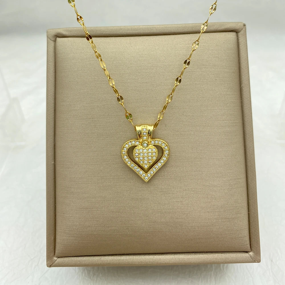 18K Gold Plated Double Heart CZ Pendant Necklace Stainless Steel Chains