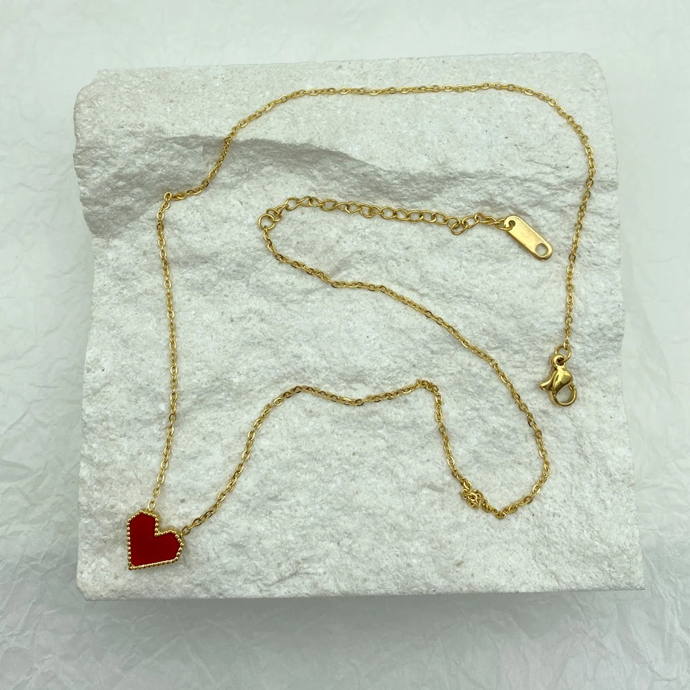 Stainless Steel Necklace for Women Acrylic Red Heart Gold Colour Necklace O Chain Elegant Korea Fashion Stainless Steel Jewelry