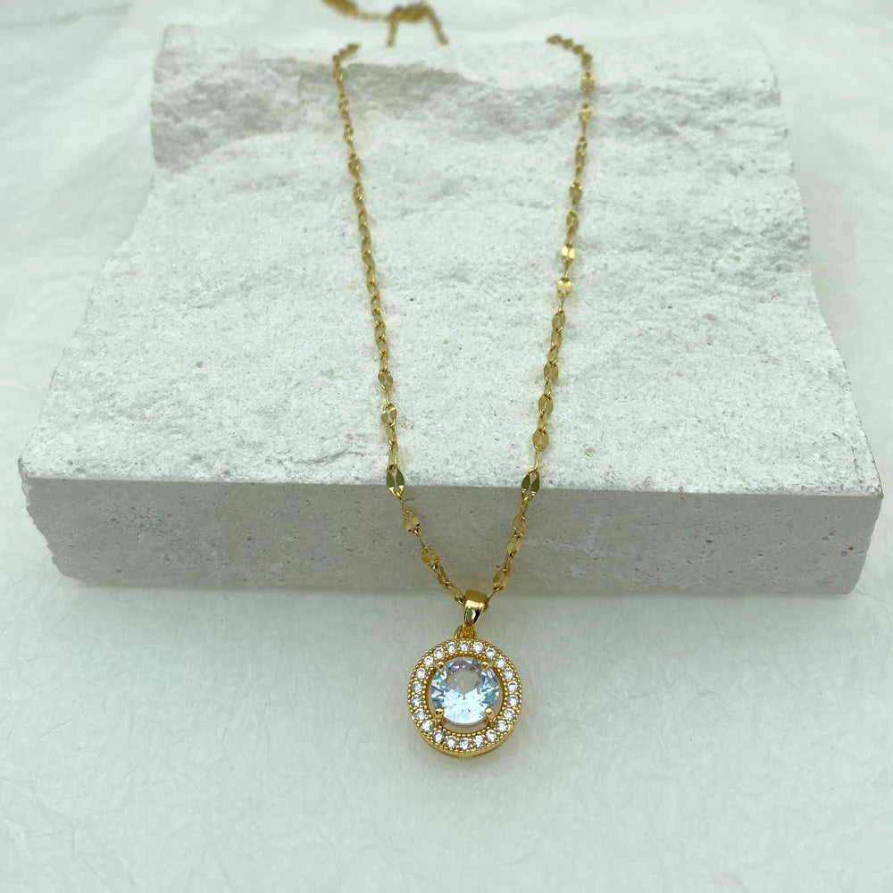 Gold Plated Round Zircons Stainless Steel Necklace For Women Gifts Fashion Jewerly Steel Necklace New In Simple Style