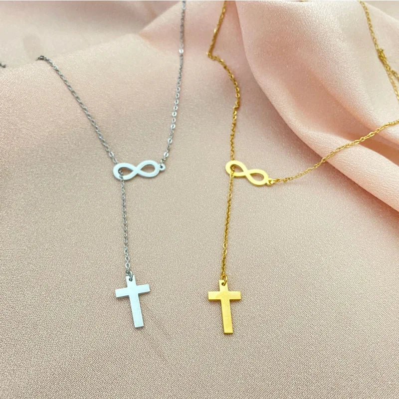 Gold Cross Infinity Y-Chain Pendant Necklace | Stainless Steel Lariat Chain