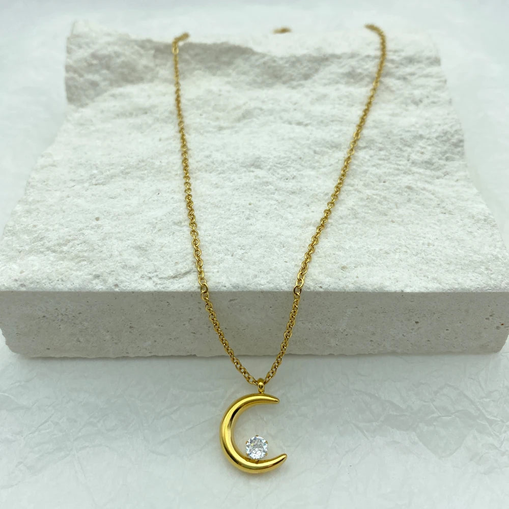 Moon Pendant With Zircon Stainless Steel Necklace For Women