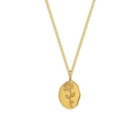Rose Engraved Oval Pendant Necklace | 18 Gold Plated KStainless Steel