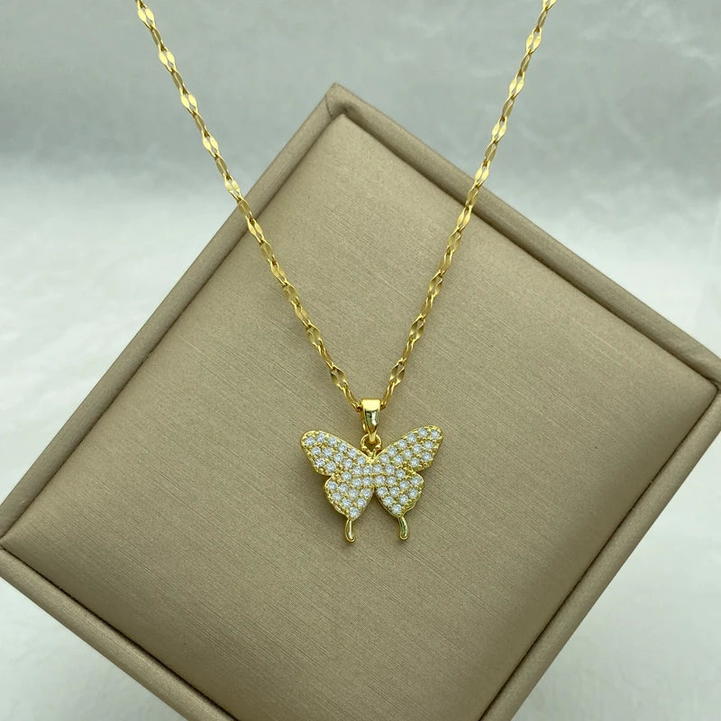 Gold Plated Necklace for Woman Gift With Stainless Steel Chain And Butterfly Zircon Pendant Fashion Jewelry