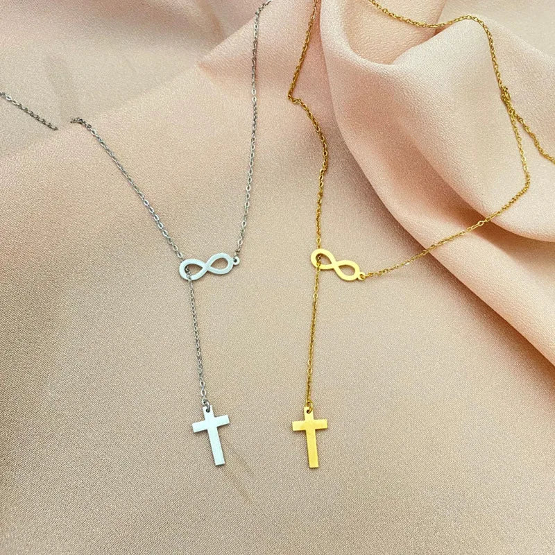 Gold Cross Infinity Y-Chain Pendant Necklace | Stainless Steel Lariat Chain