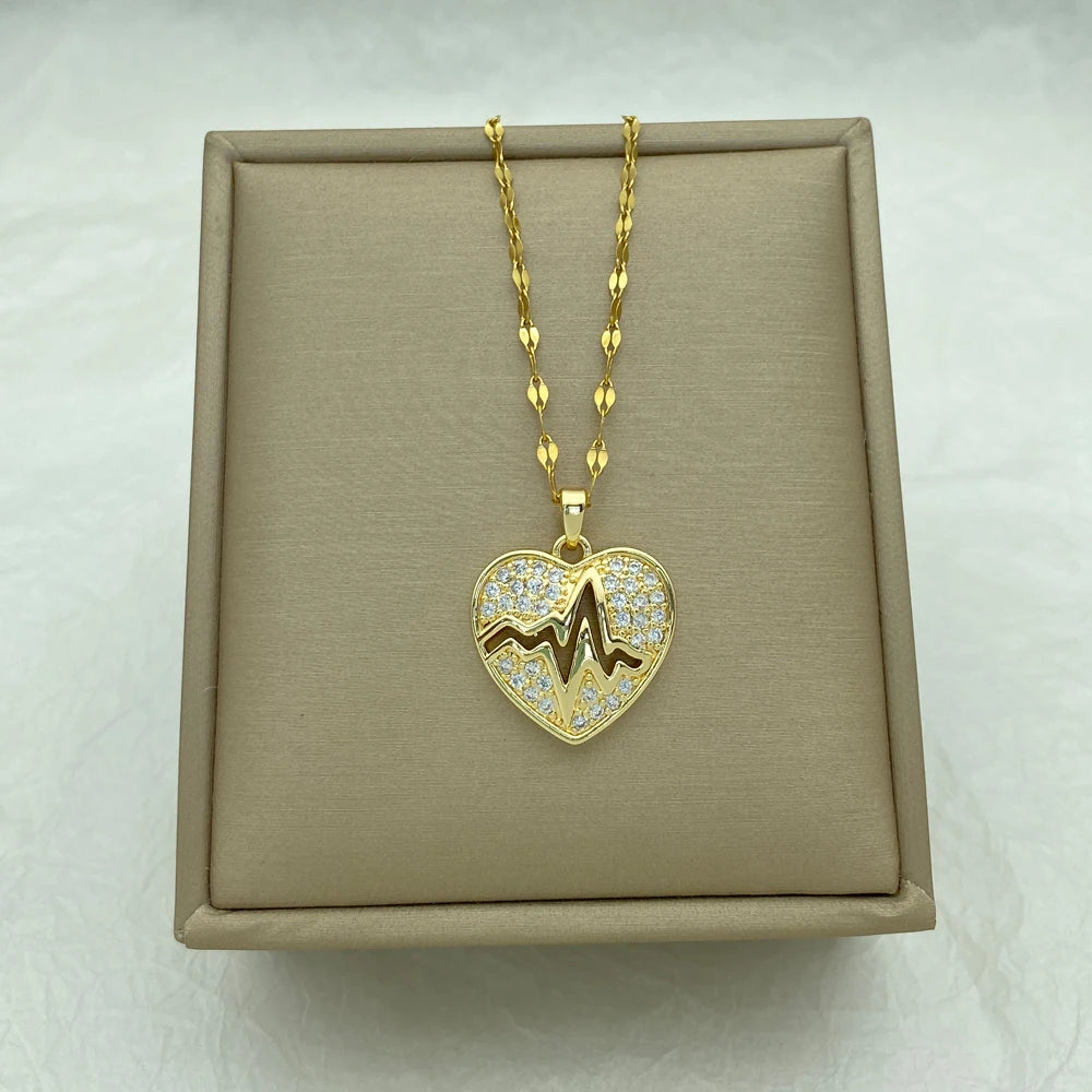 CZ Heartbeat Heart Pendant Necklace | Stainless Steel Chain