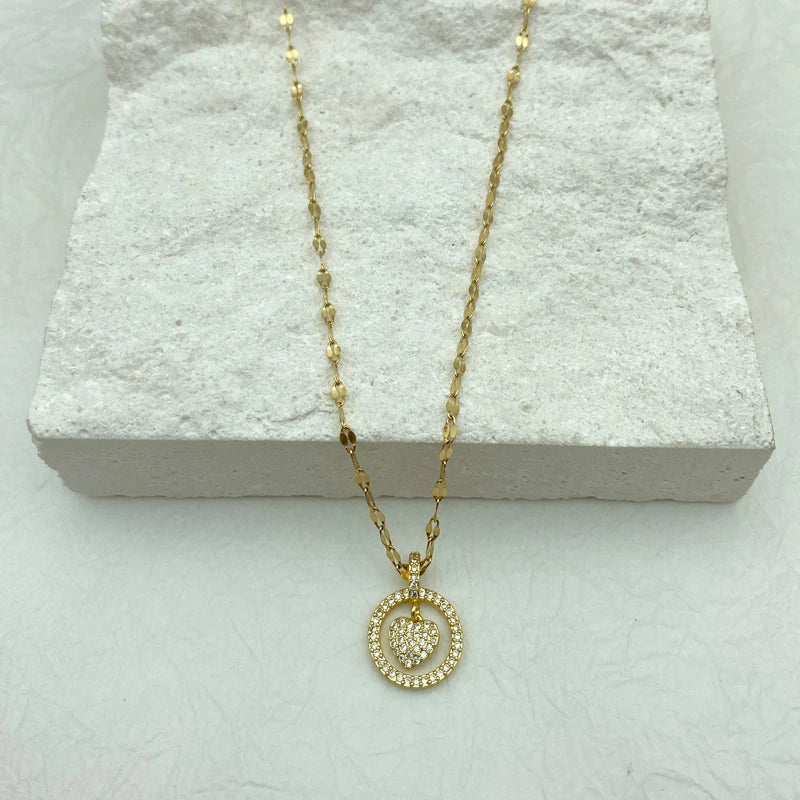 CZ Pave Heart Circle Pendant Necklace | Puffy Heart Halo Charm Stainless Steel