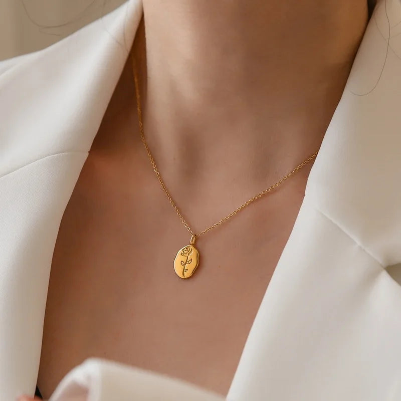 Rose Engraved Oval Pendant Necklace | 18 Gold Plated KStainless Steel