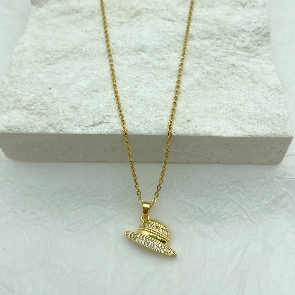18K Gold Plated Pave CZ Sun Hat Pendant Necklace | Stainless Steel Chain