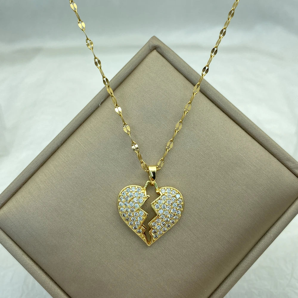 18K Gold Plated CZ Broken Heart Pendant Stainless Steel Necklace