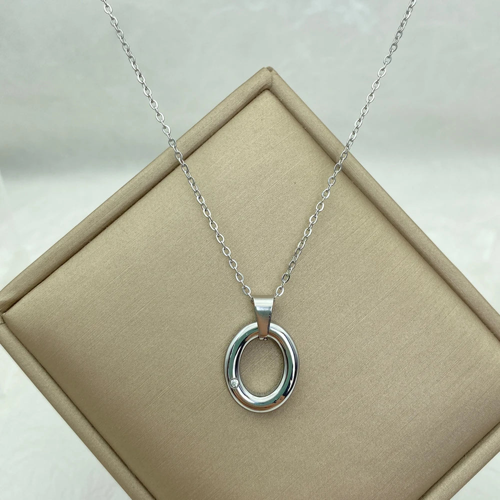 Minimalist Oval Circle Pendant Necklace | Silver Stainless Steel Chains|