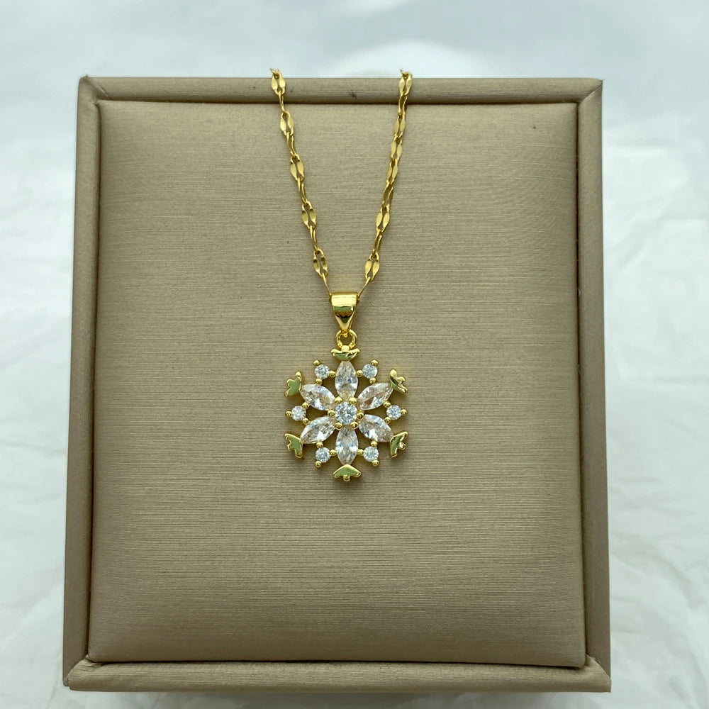 Gold Snowflake CZ Pendant Necklace | Stainless Steel Chain
