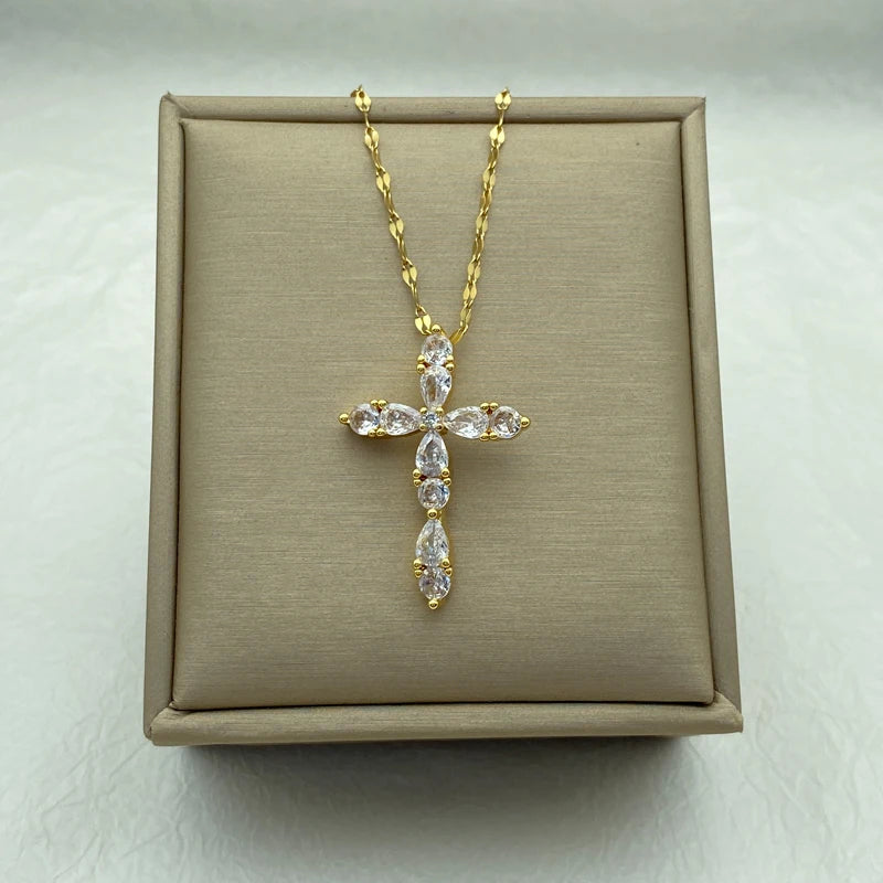 Marquise CZ Cross Pendant Necklace | 18K Gold Plated Stainless Steel