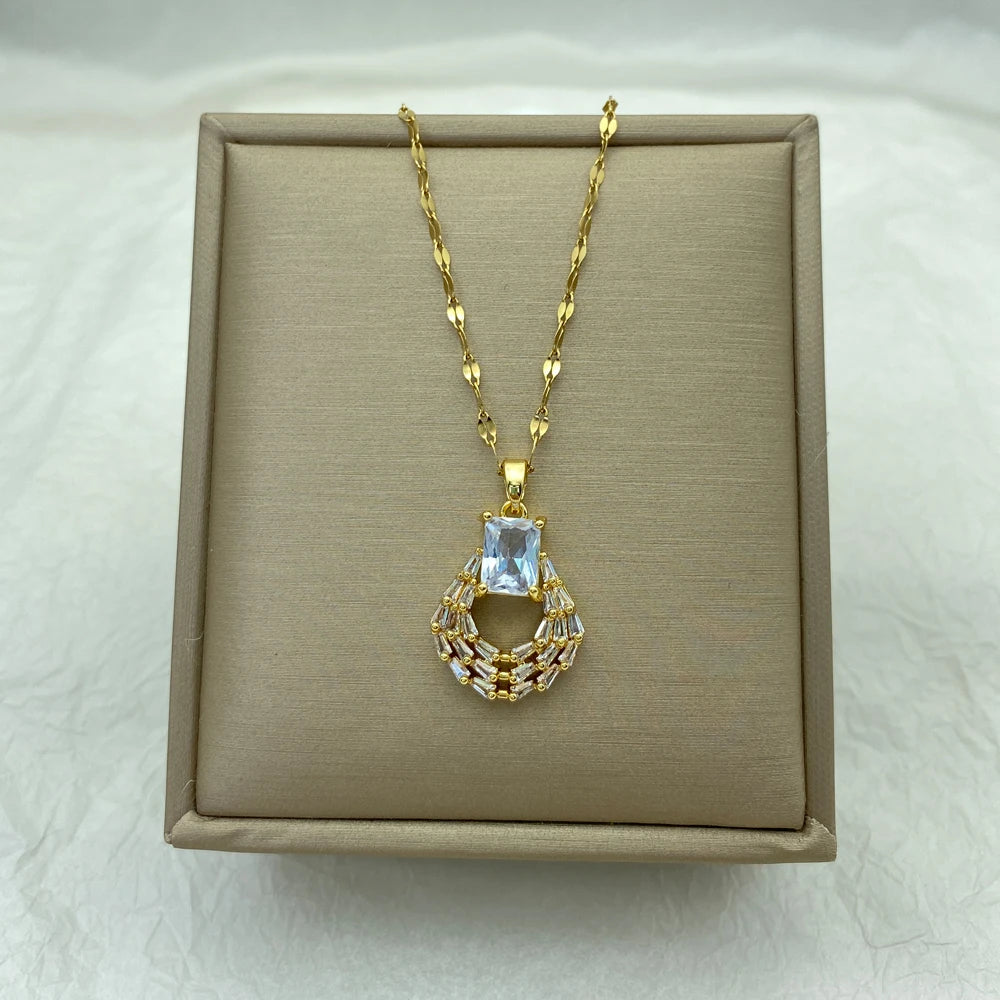 Gold Crystal Wreath Pendant Necklace |18K Gold Plated Stainless Steel Chains