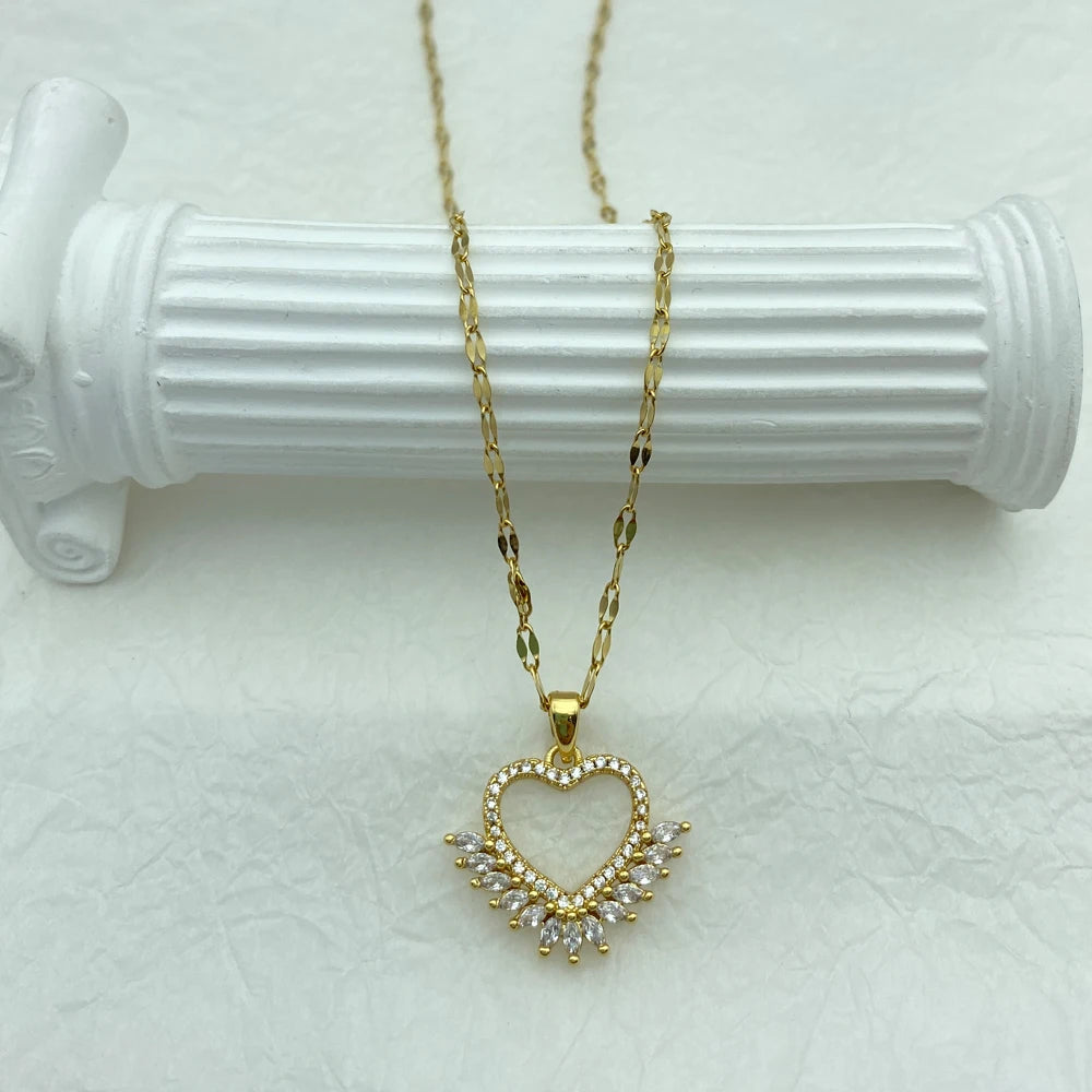18K Gold Plated Open Heart Marquise CZ Pendant Necklace | Stainless Steel Chain