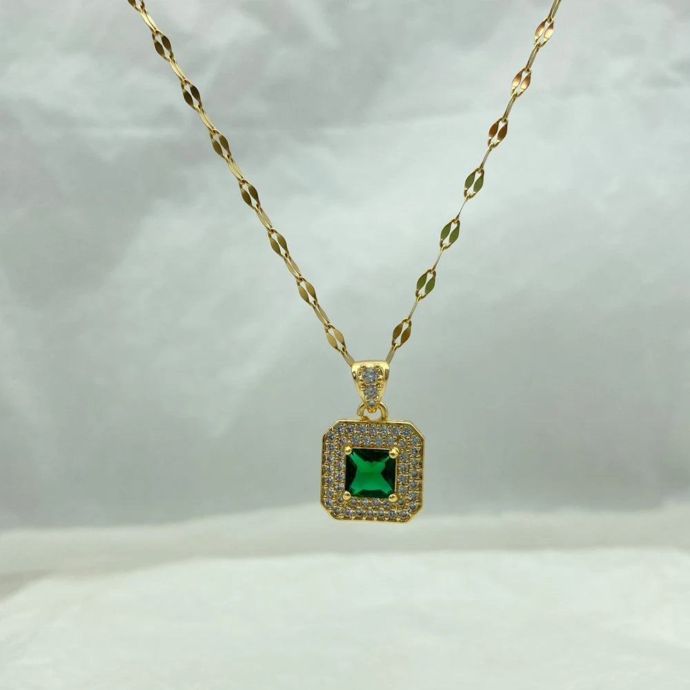 Gold Plated  Green Square Zircon Pendant Necklace For Women