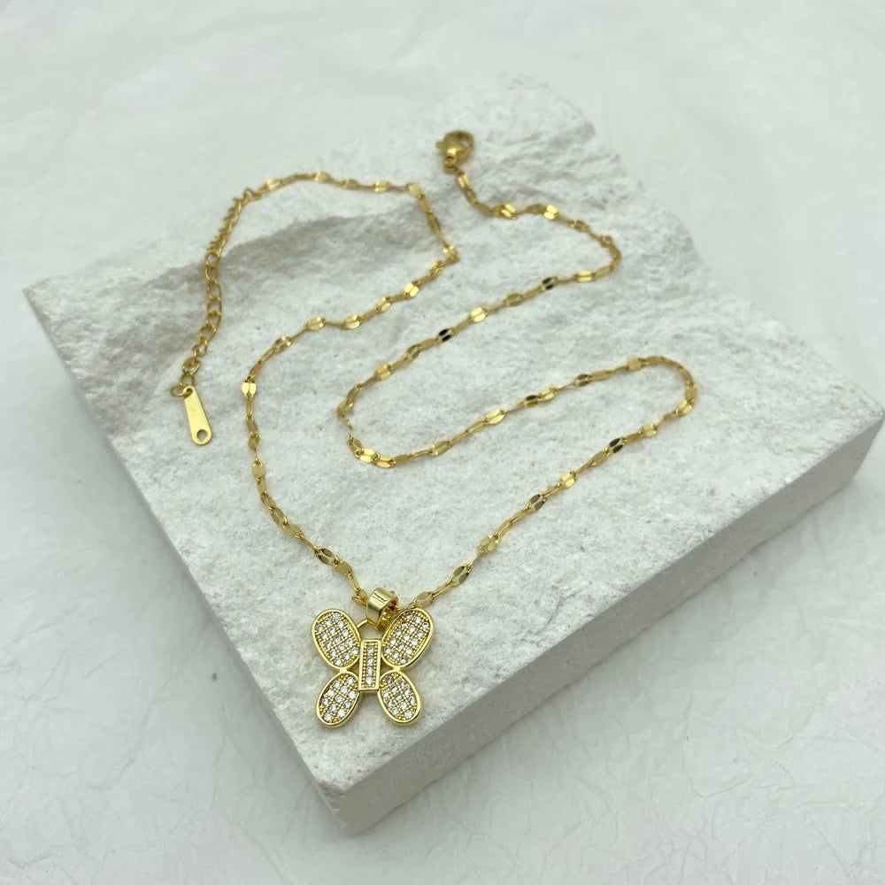 8K Gold Plated Pave CZ Butterfly Pendant Necklace | Stainless Steel Chain